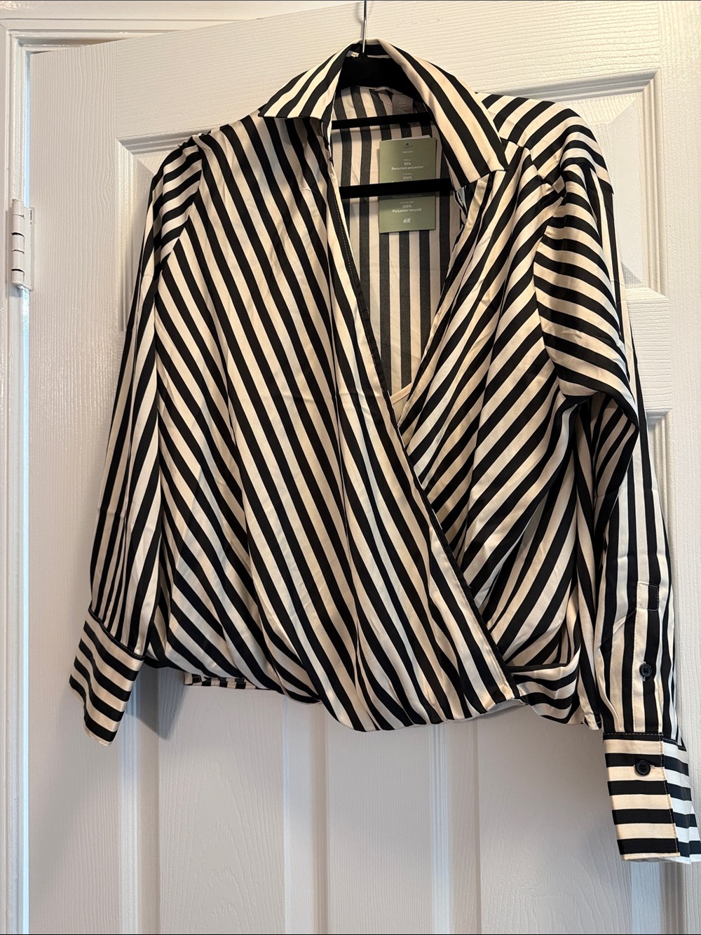 Women's Black and Cream Striped Wrap Blouse